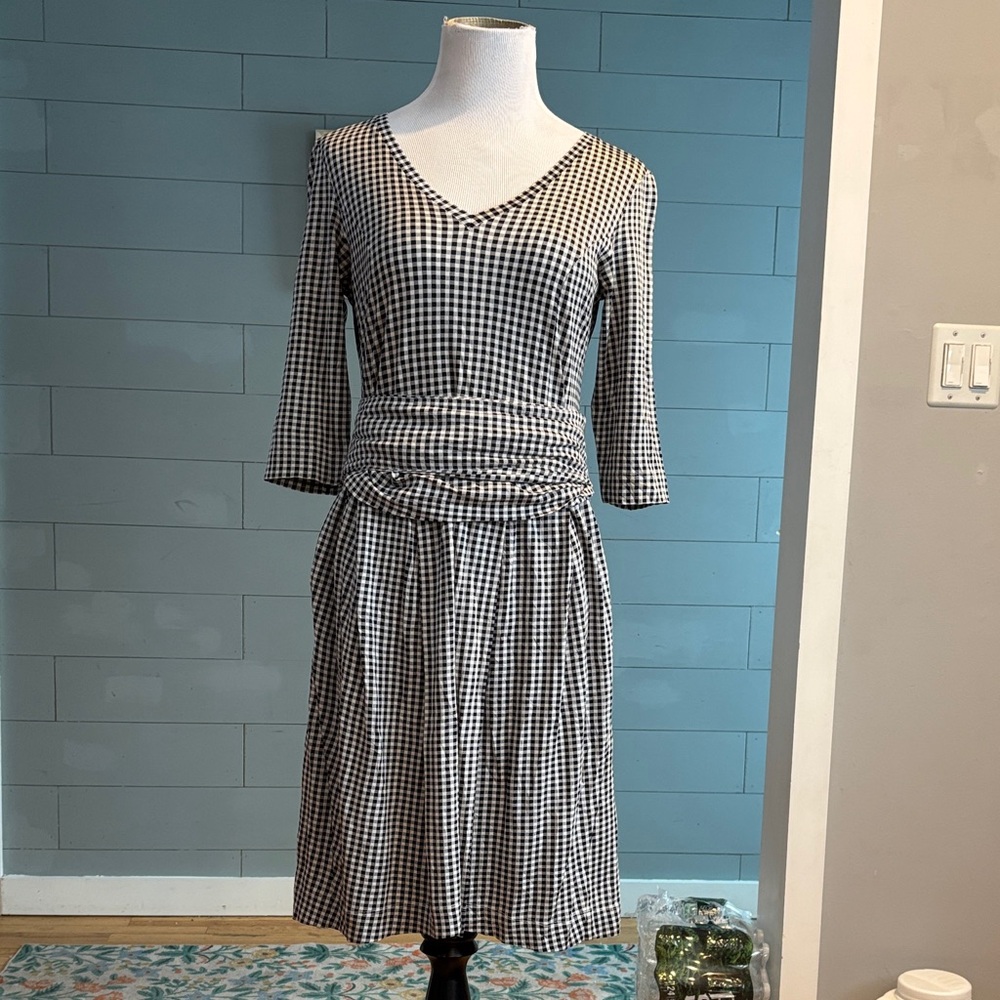 Classic Black and White Gingham V-Neck Dress